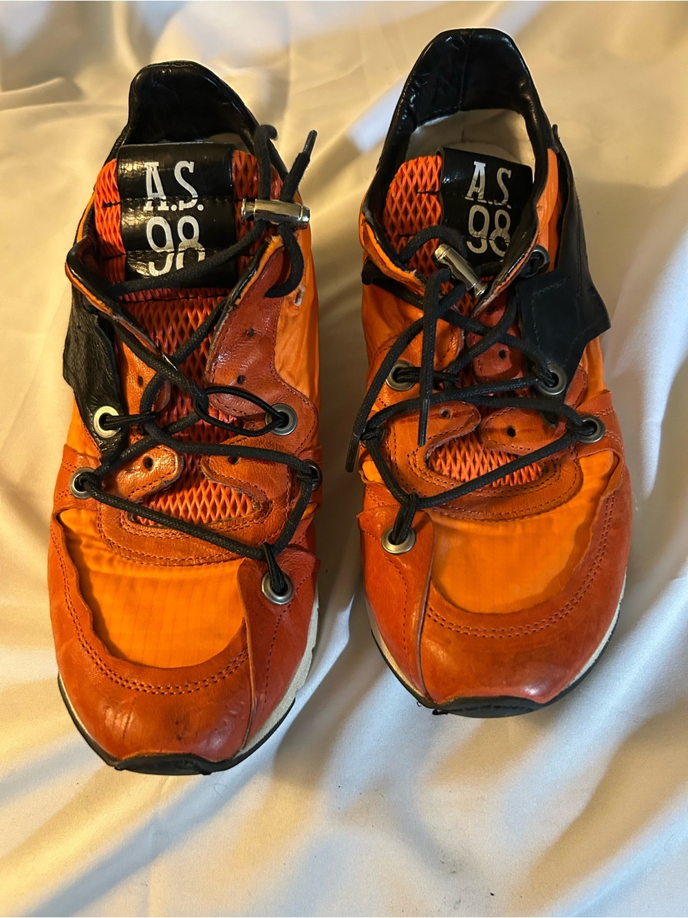 A.S.98 Orange and Black Leather Lace-Up Sneakers 1 lace hole need repair photo